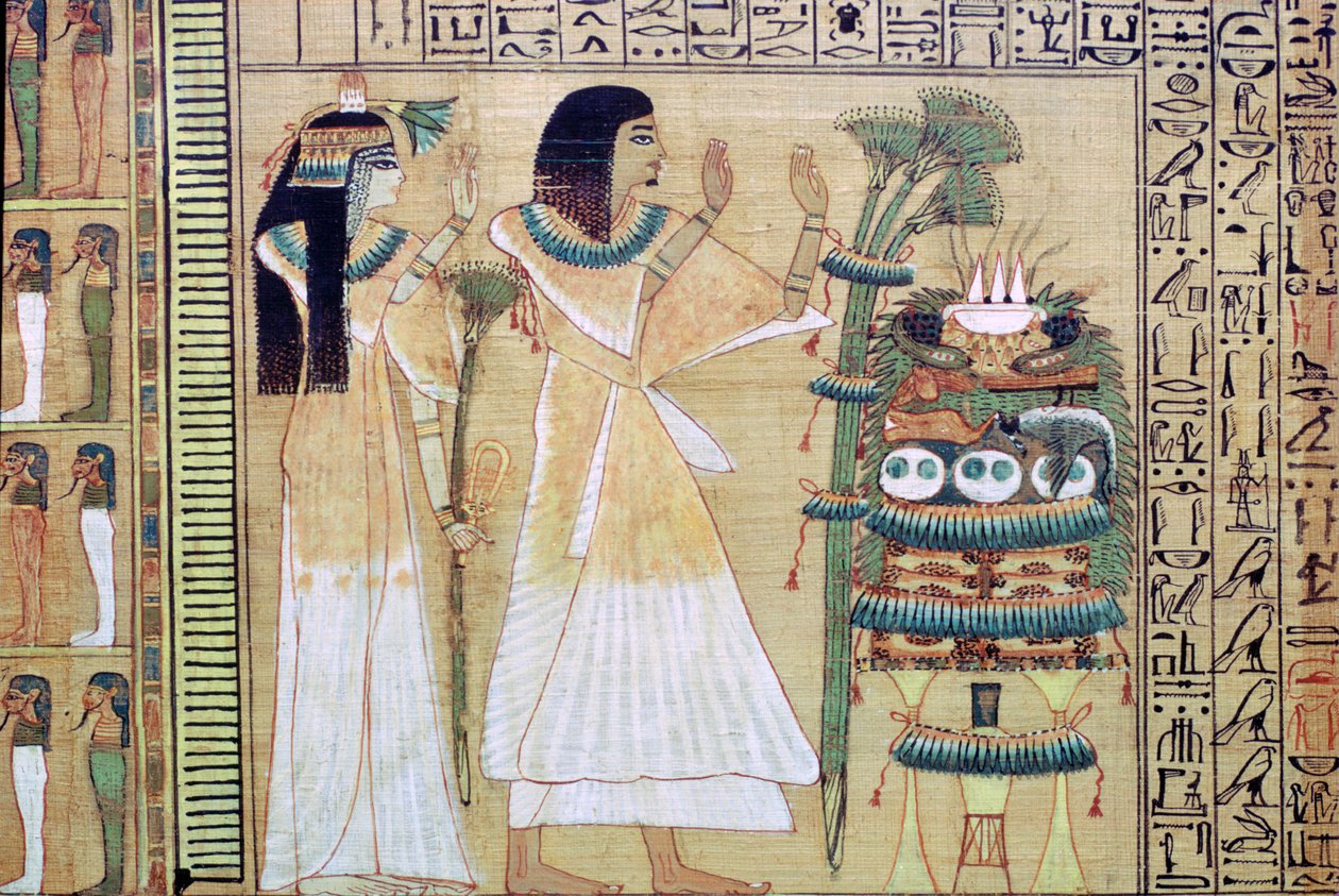 Mies ja hänen vaimonsa uhraamassa Osirikseen Egyptin kuolleiden kirjasta tekijältä Unbekannt