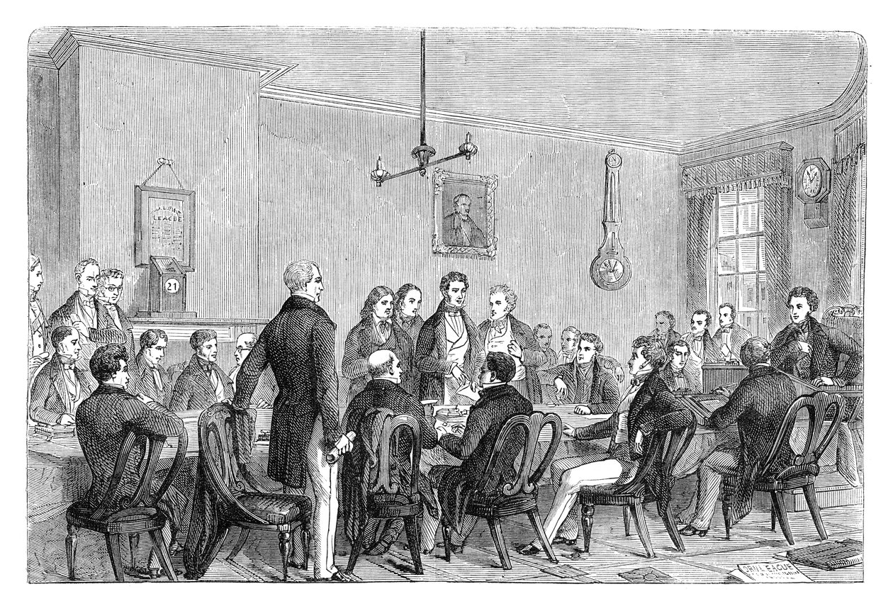Anti-Corn Law Leaguen kokous Newalls Buildingissa, Manchesterissa, 1838 c1895 tekijältä Unbekannt