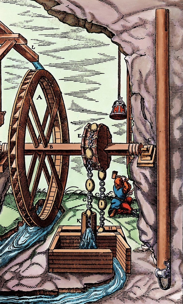 Kaivos, jota tyhjennetään ketjupumpulla, joka toimii ylikuormitetulla vesipyörällä, 1556 tekijältä Unbekannt