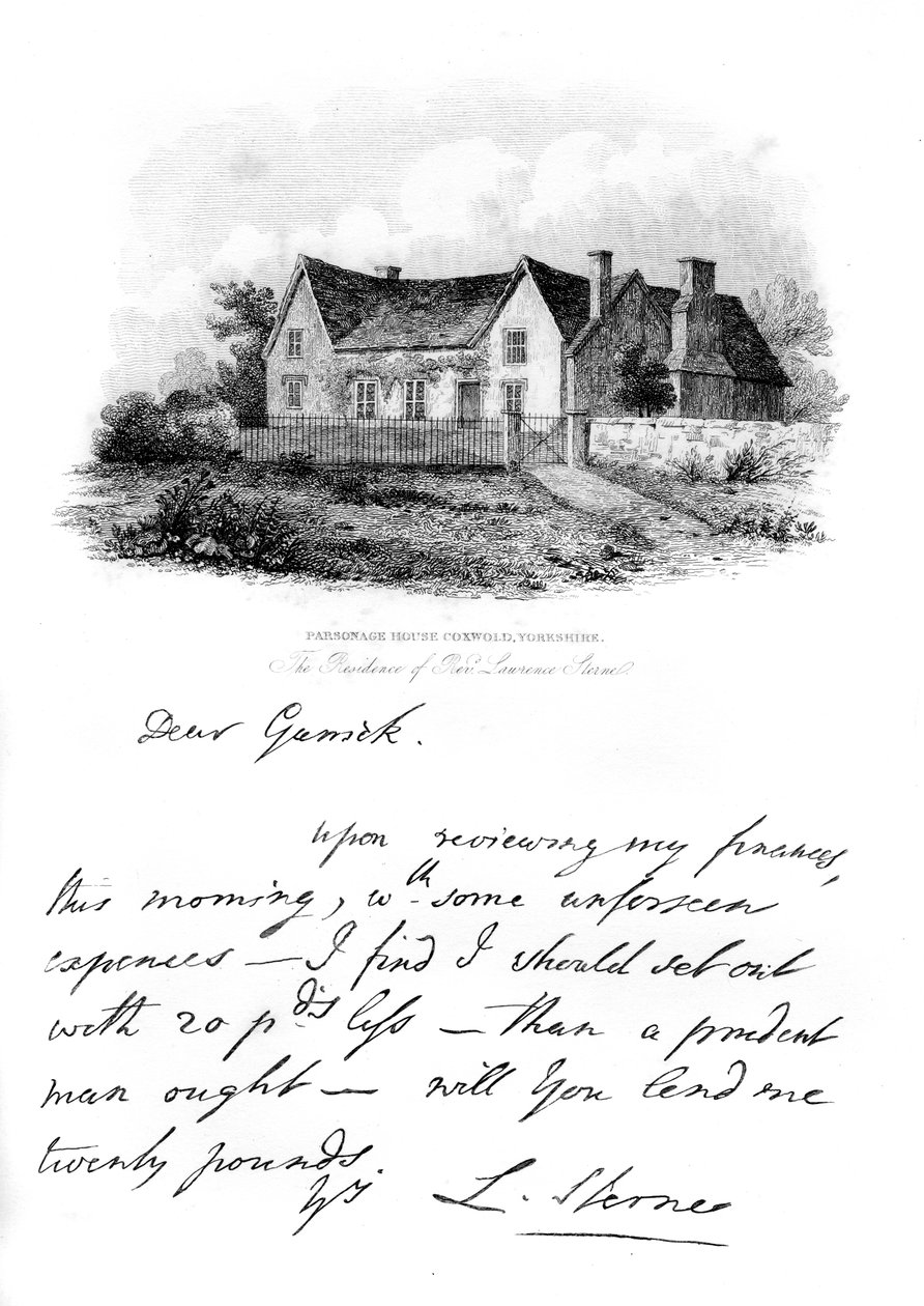 Sternen muistiinpano Garrickille ja näkymä Sternesin taloon Yorkshiressa, 1700-luku, 1840 tekijältä Unbekannt