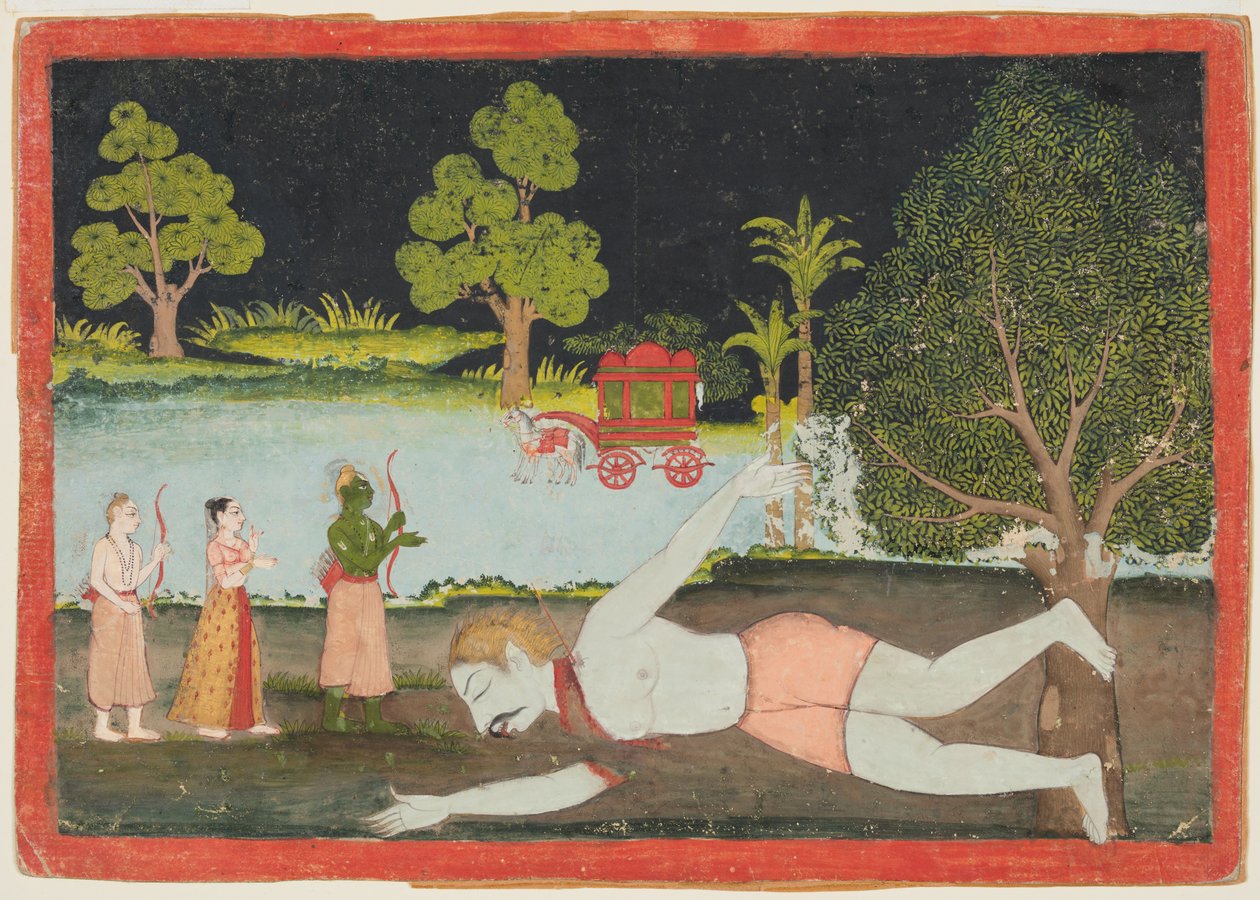 Sivu Ramayanasta: Rama, Lakshman ja Sita ennen surmattua jättiläistä, n. 1770. tekijältä Unbekannt