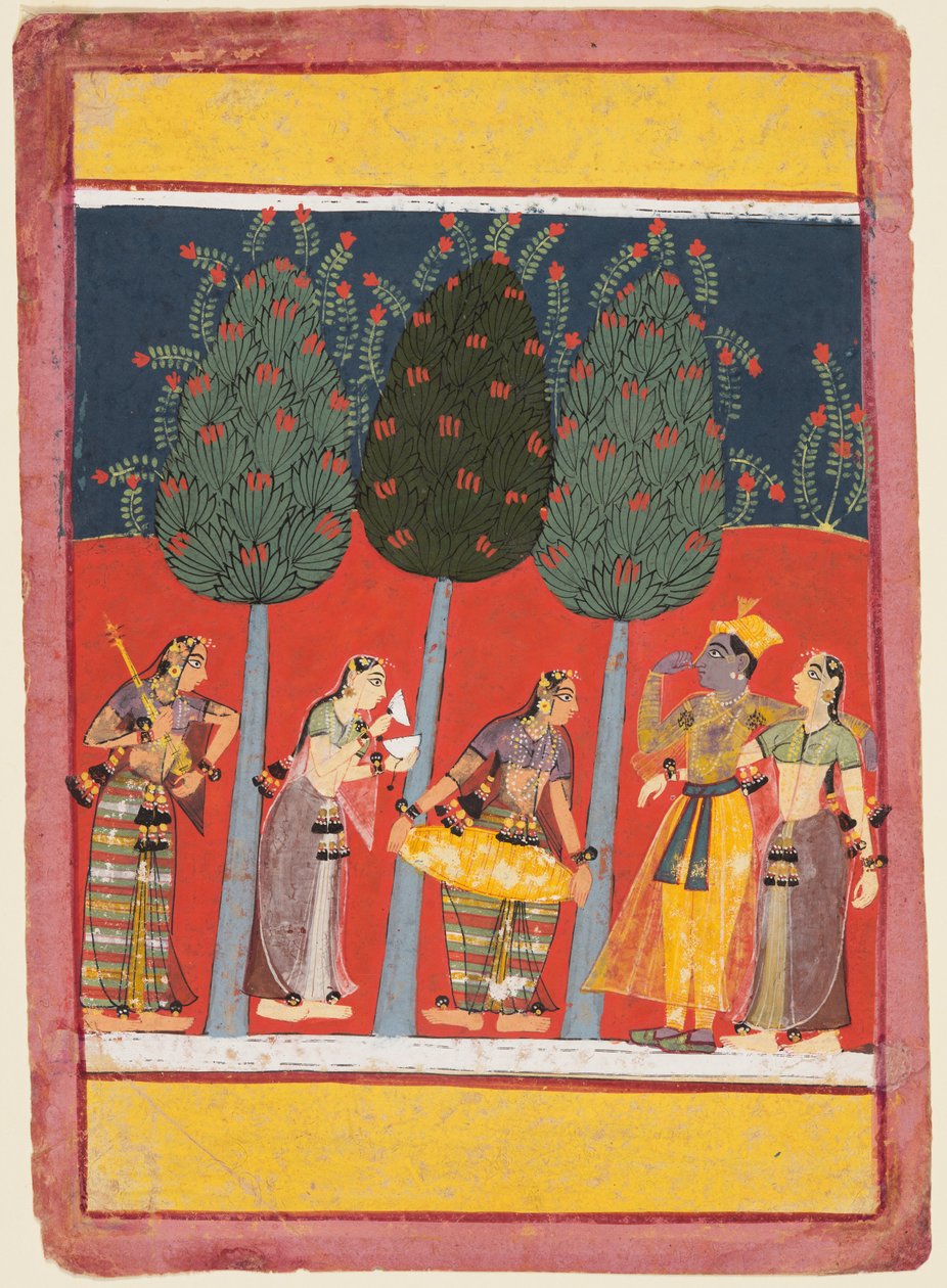 Sivu Rasikapriya-sarjasta: Krishna ja Radha ja sakhit soittimien kanssa, n. 1650 tekijältä Unbekannt
