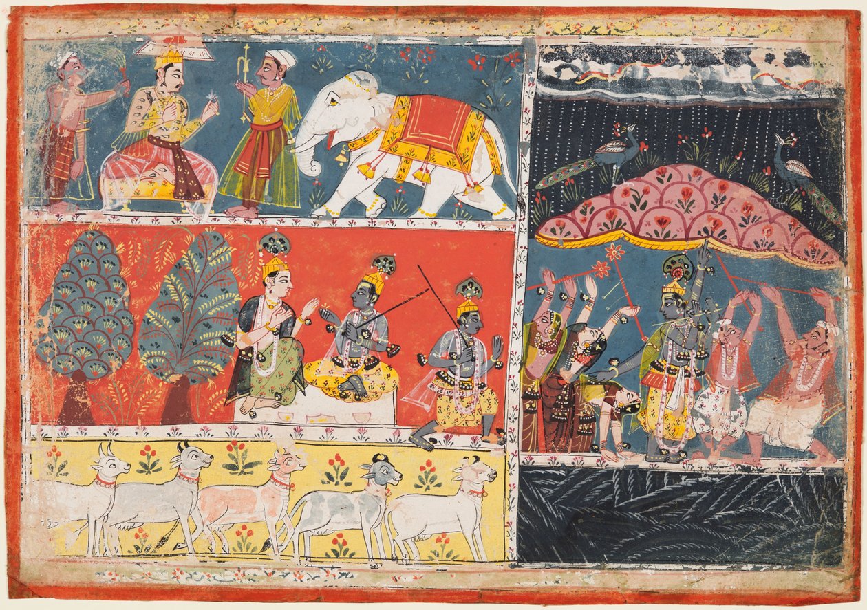 Sivu Bhagavata Puranalta: Indra lähettää sadevirran, Krishna nostaa Govardhana-vuoren, 1686. tekijältä Unbekannt