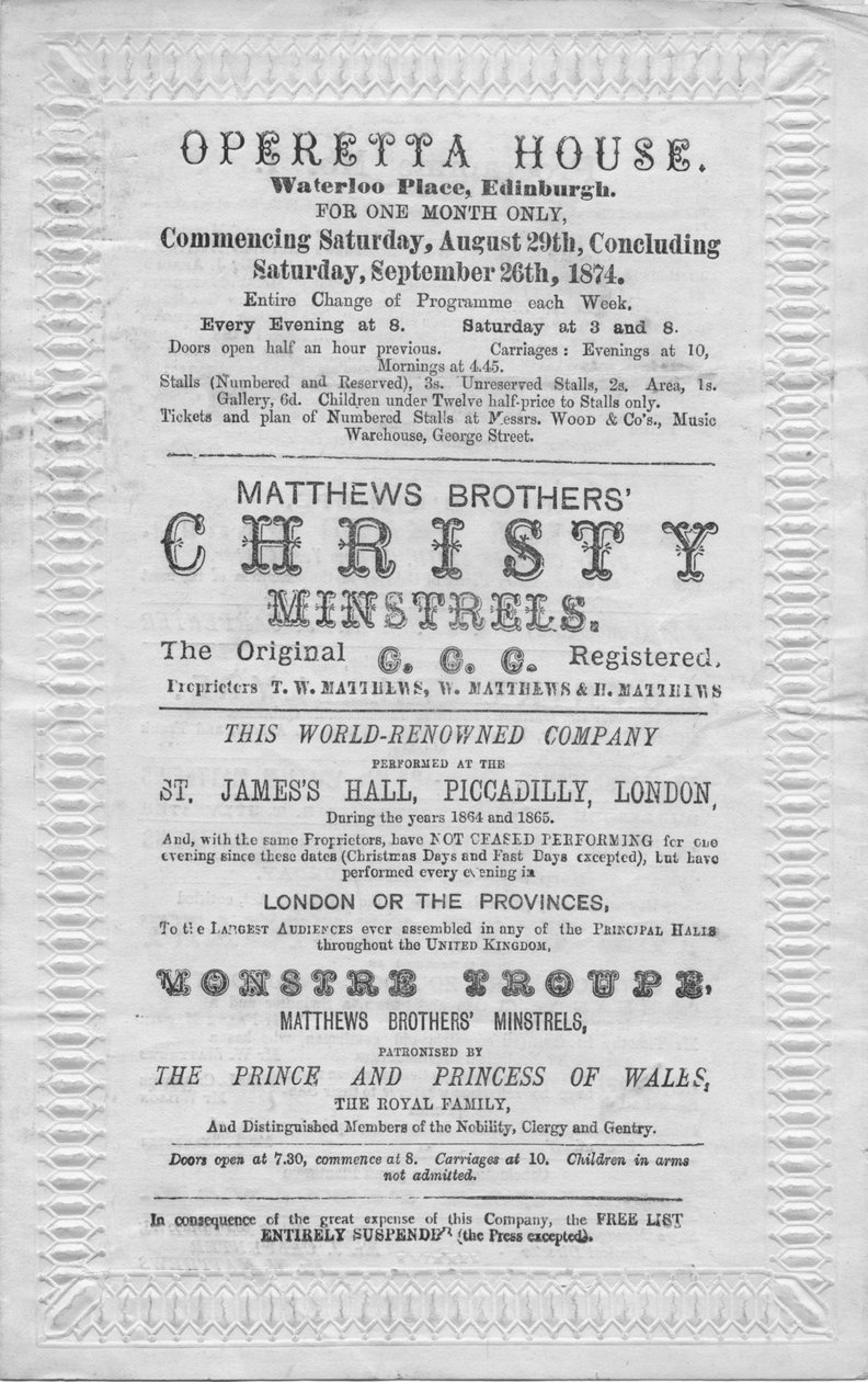 Tapahtumaohjelma operettitalossa, Waterloo Place, Edinburgh, 1874 tekijältä Unbekannt