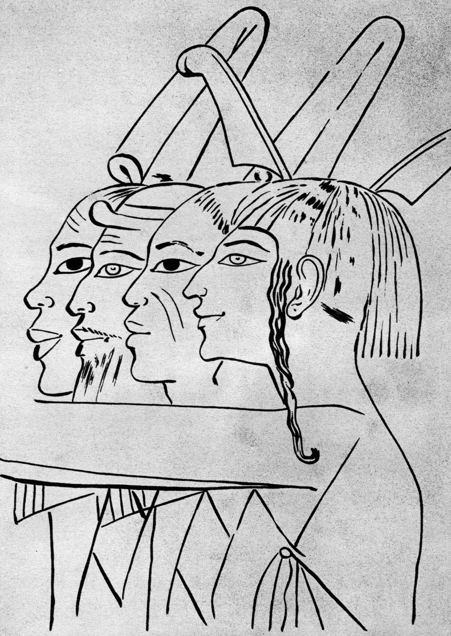 Luonnos afrikkalaisista ja aasialaisista miehistä kuningas Seti I:n haudalta, Thebes, Egypti, 1936 tekijältä Unbekannt