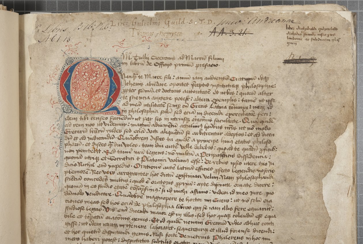 Marcus Tullius Ciceron filosofisten teosten transkriptio, kolmessa kädessä, ilmeisesti otettu vuoden 1471 editio romanasta, marginaalit Archibald Whitelawin ja muiden käsissä, n. 1480 (muste pergamentille) tekijältä Unbekannt
