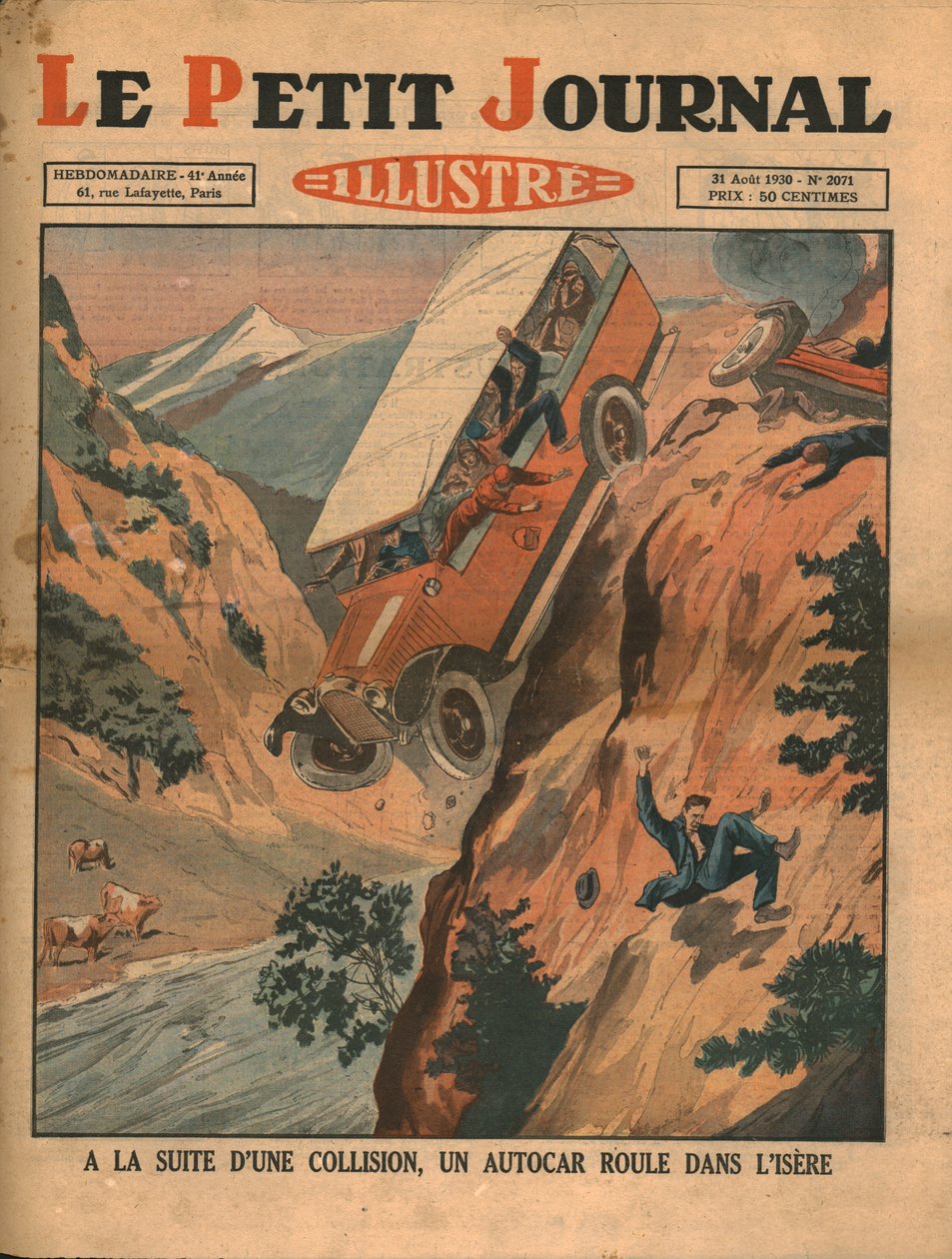 Ajoneuvo putoaa Isere-jokeen onnettomuuden jälkeen vuonna 1930. tekijältä Unbekannt