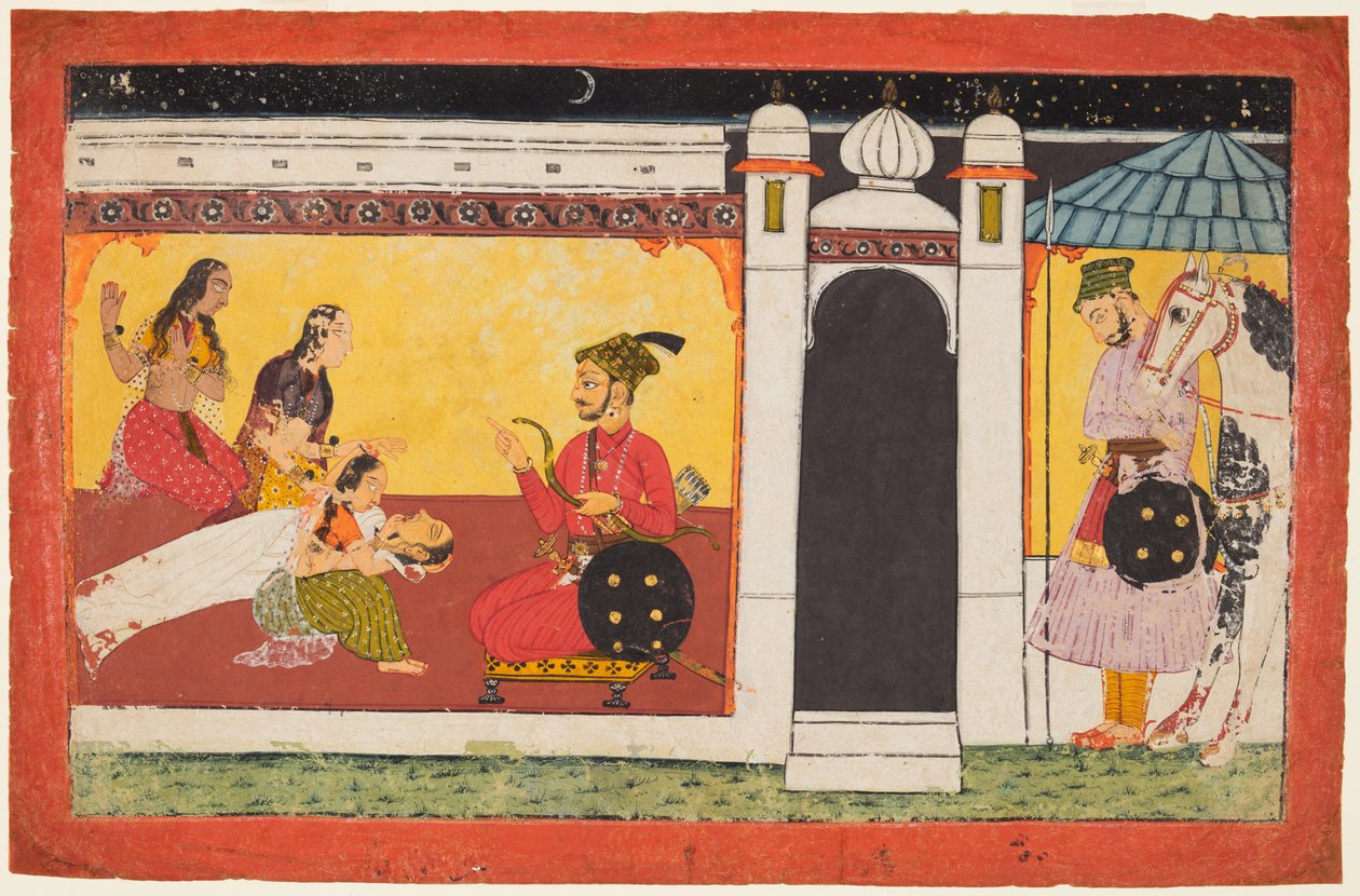 Nainen pyörtyy prinssin edessä, yökohtaus Madhavanala Kamakandala -sarjasta, n. 1700. tekijältä Unbekannt