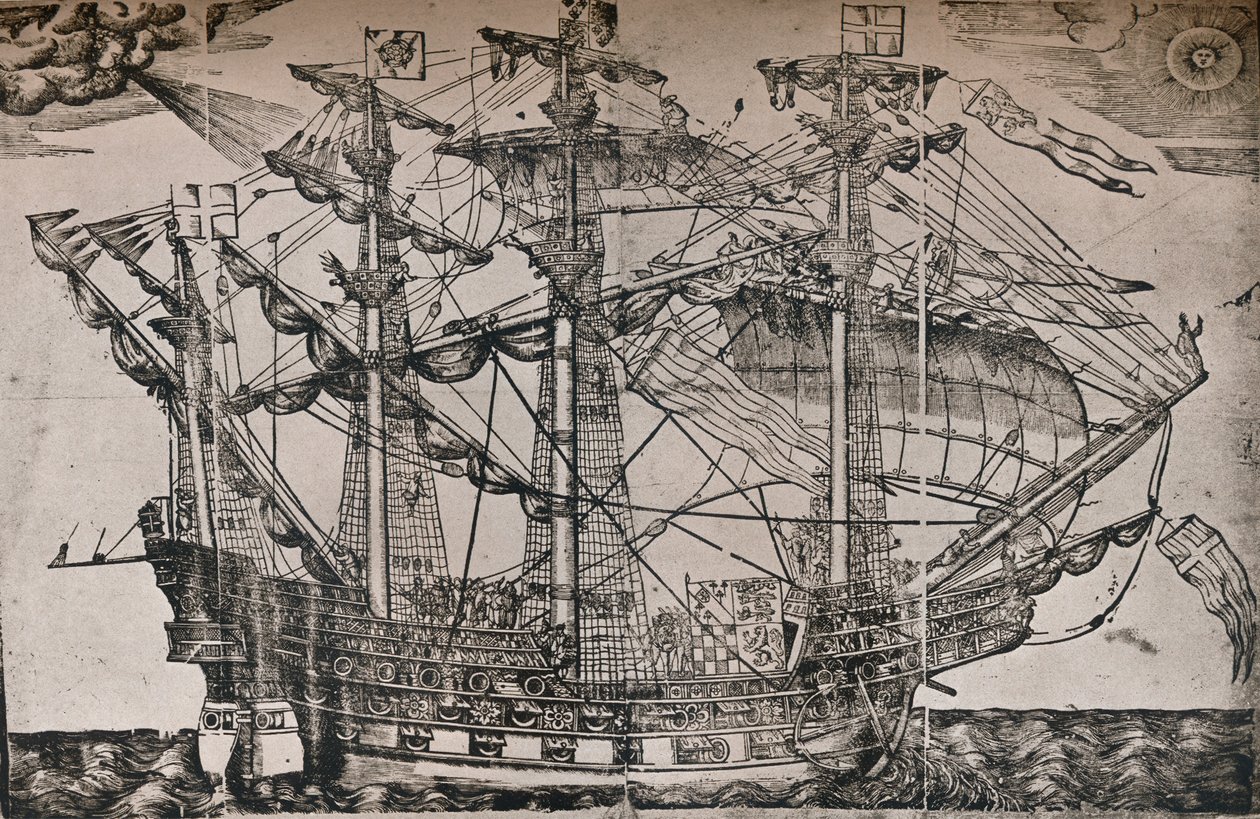 Puupiirros laivasta, jonka uskotaan olevan The Ark Royal, c1587 tekijältä Unbekannt
