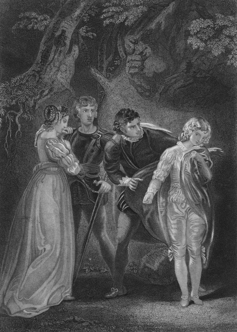 V näytös, kohta iv elokuvasta The Two Gentlemen of Verona, 1800-luku tekijältä Unbekannt