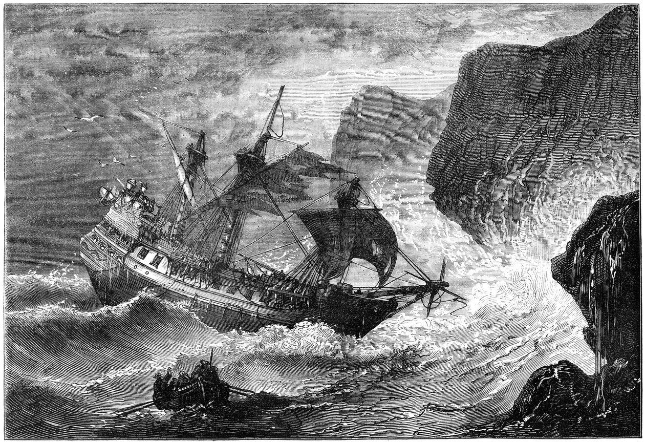 Amiraali Somers ajaa laivaansa maihin, Bermuda, 1609 c1880 tekijältä Unbekannt