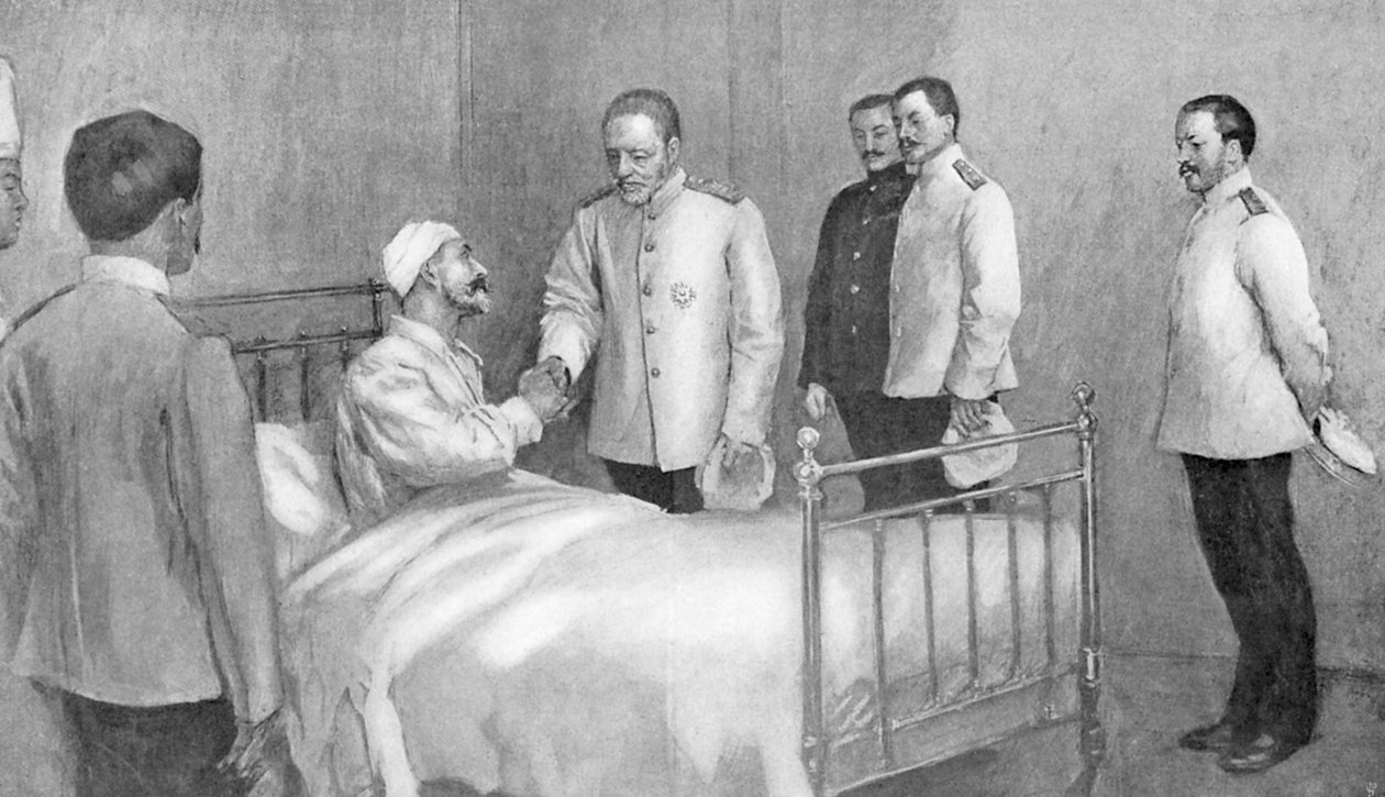 Amiraali Togo vierailee venäläisen amiraali Rozhestvenskyn luona sairaalassa, Venäjän ja Japanin sota 1904-5 tekijältä Unbekannt