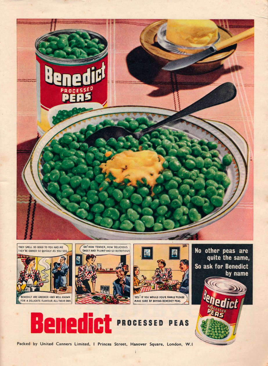 Mainos Benedict-käsitellyistä herneistä, 1951 tekijältä Unbekannt