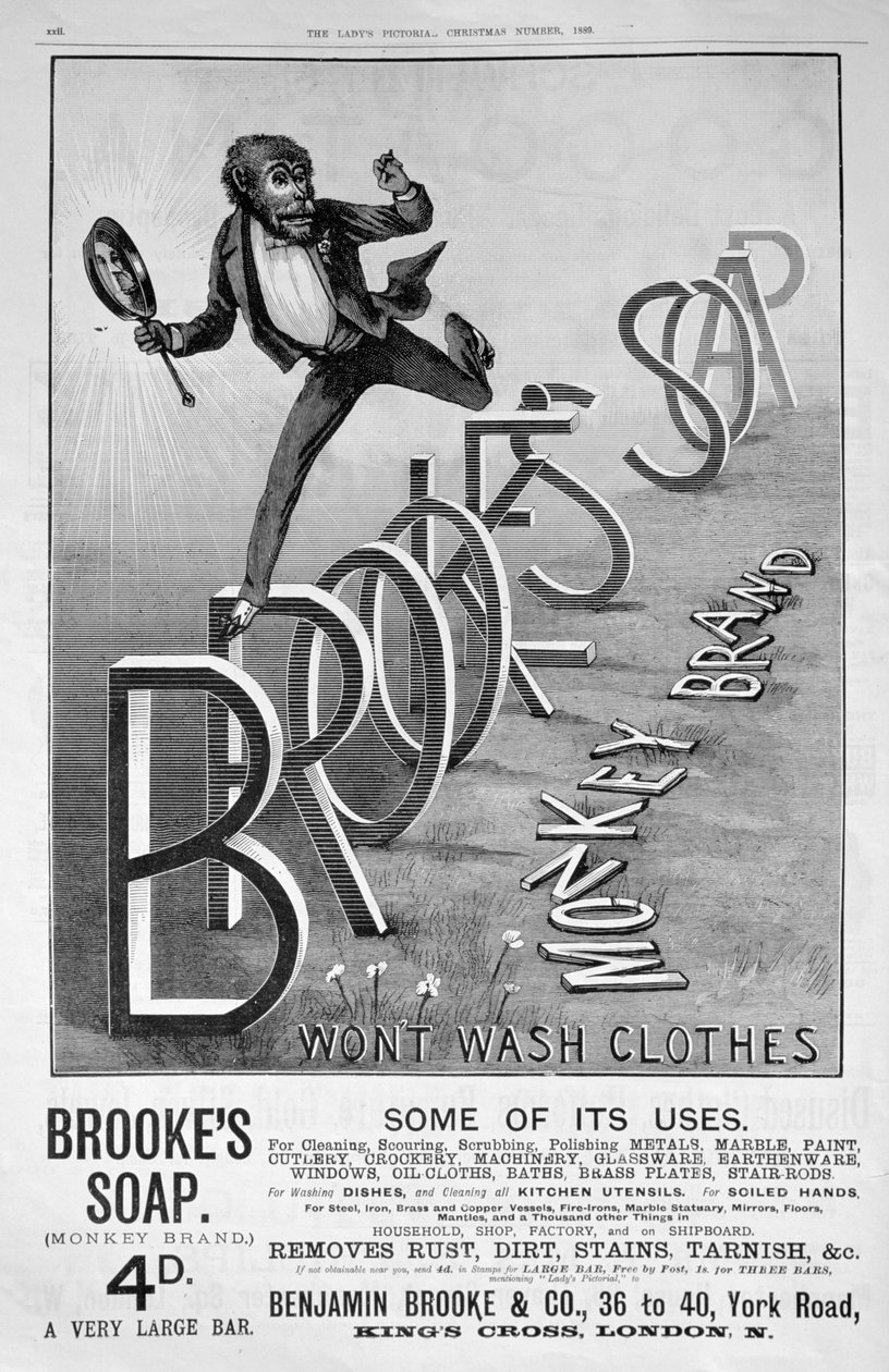 Mainos Brookes Monkey Brand -saippualle, 1889 tekijältä Unbekannt