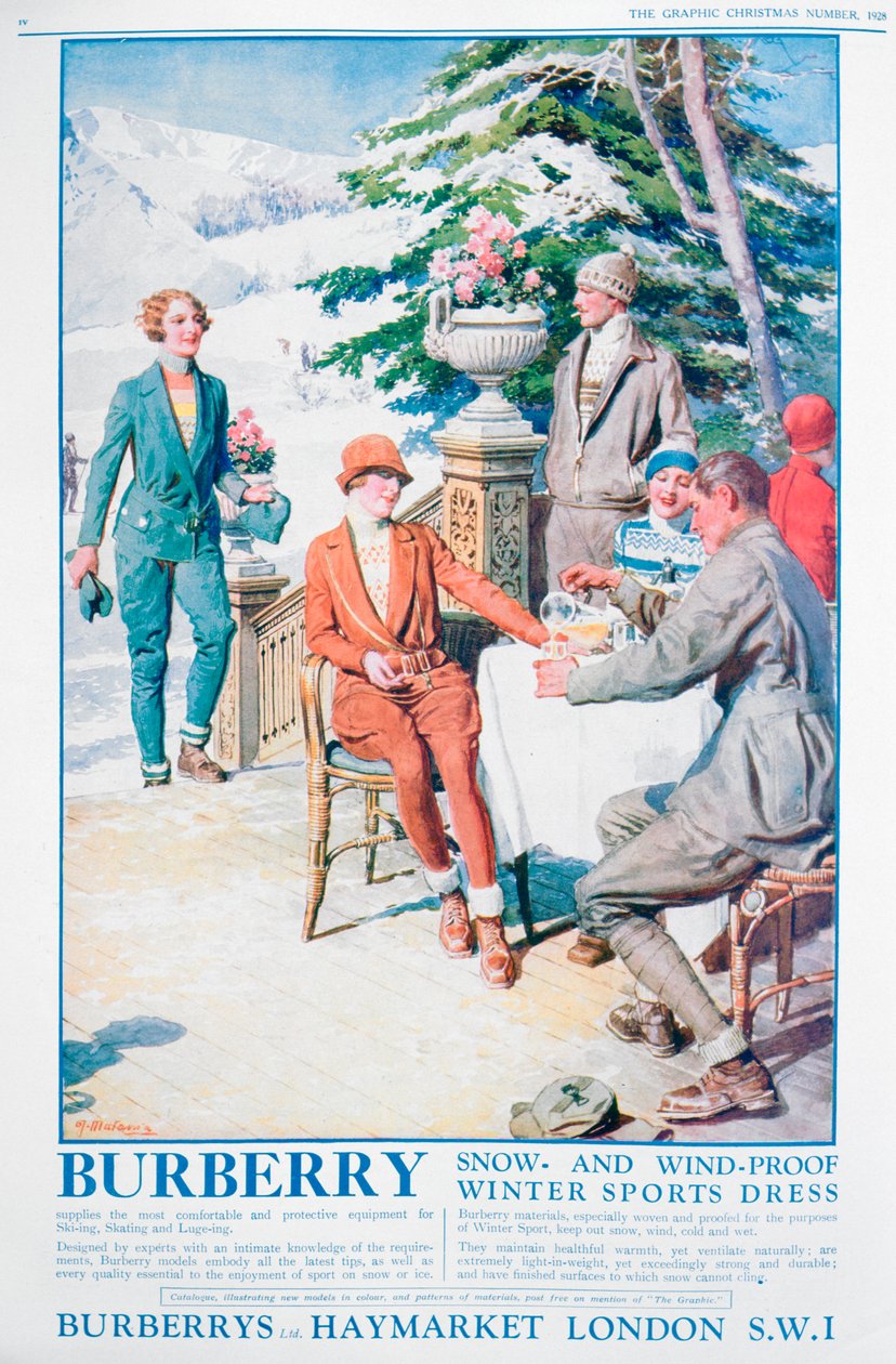Mainos Burberryn lumi- ja tuulenpitävästä talviurheilumekosta, 1928 tekijältä Unbekannt