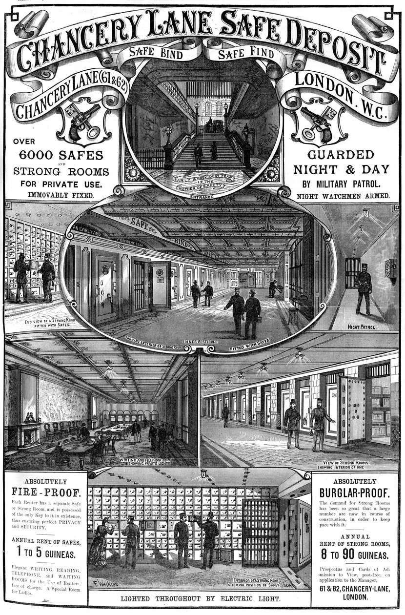 Mainos Chancery Lane Safe Deposit, Lontoo, 1887 tekijältä Unbekannt