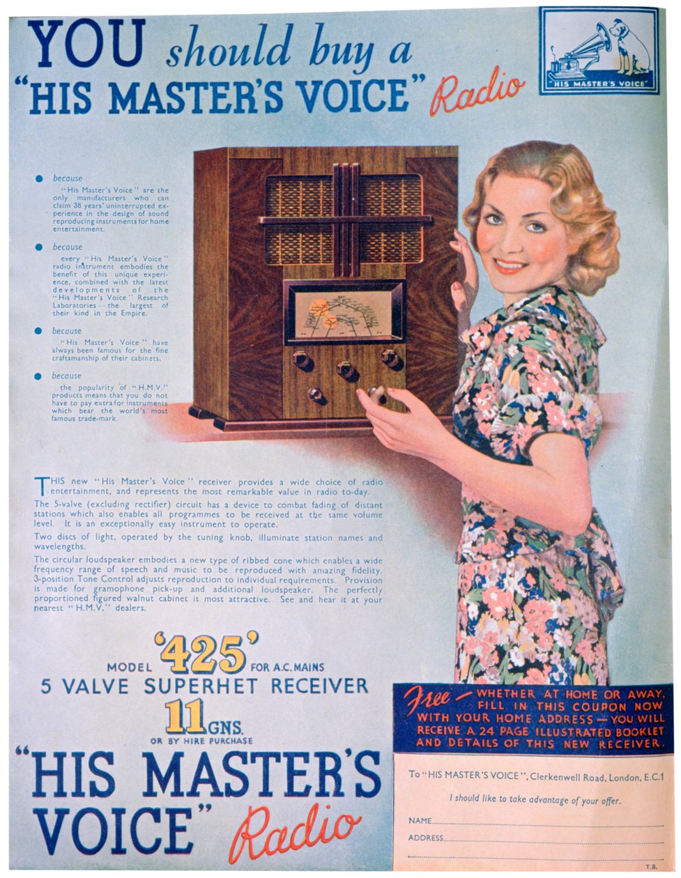 Mainos His Masters Voice -radioradioista, 1936 tekijältä Unbekannt