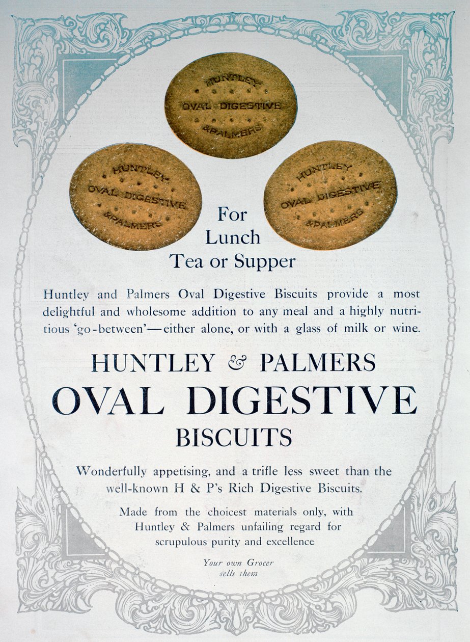 Mainos Huntley and Palmers Oval Digestive Biscuitsista, 1909 tekijältä Unbekannt