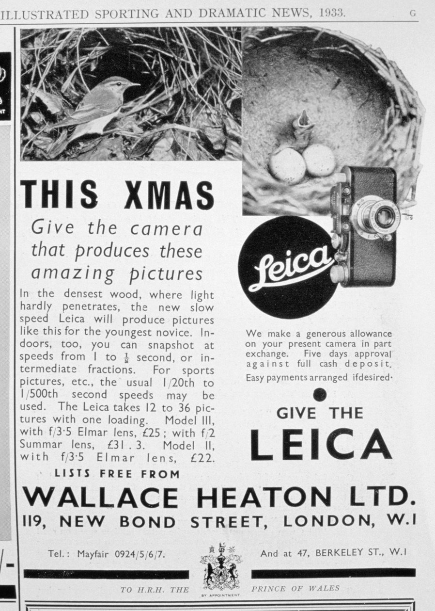 Ilmoitus Leica-kameroista, joita myy Wallace Heaton Ltd, New Bond Street, Lontoo, 1933 tekijältä Unbekannt
