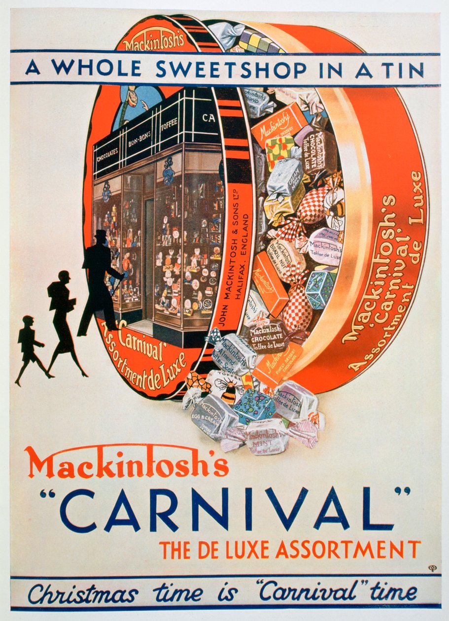 Mainos Mackintoshs Carnival -toffeelajitelmista, 1930 tekijältä Unbekannt