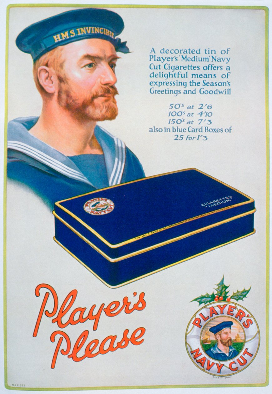 Mainos Players Navy Cut -savukkeille, 1928 tekijältä Unbekannt
