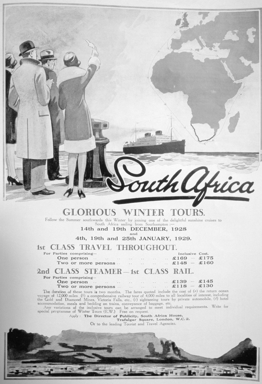Mainos talvimatkoista Etelä-Afrikassa, 1928 tekijältä Unbekannt