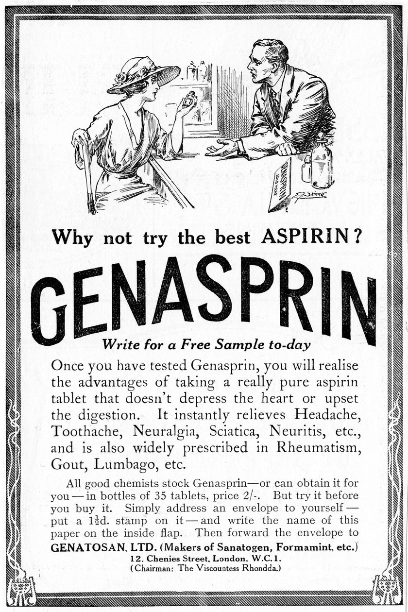 Mainos Genasprinille, joka on Aspirin-lääkkeen oma tuotemerkki. 1919 tekijältä Unbekannt