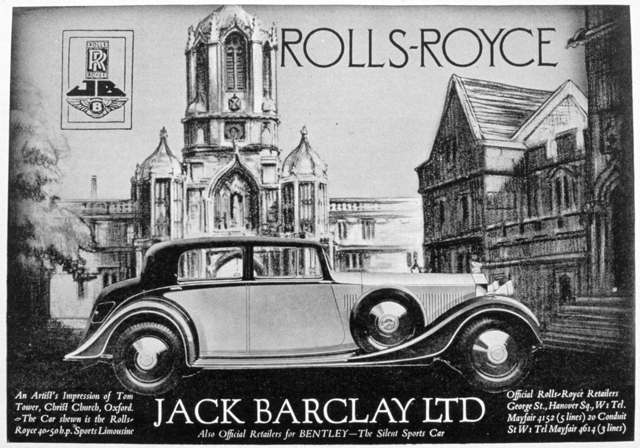 Mainos Jack Barclay Ltd:lle, Rolls-Royce- ja Bentley-jälleenmyyjille, 1935 tekijältä Unbekannt