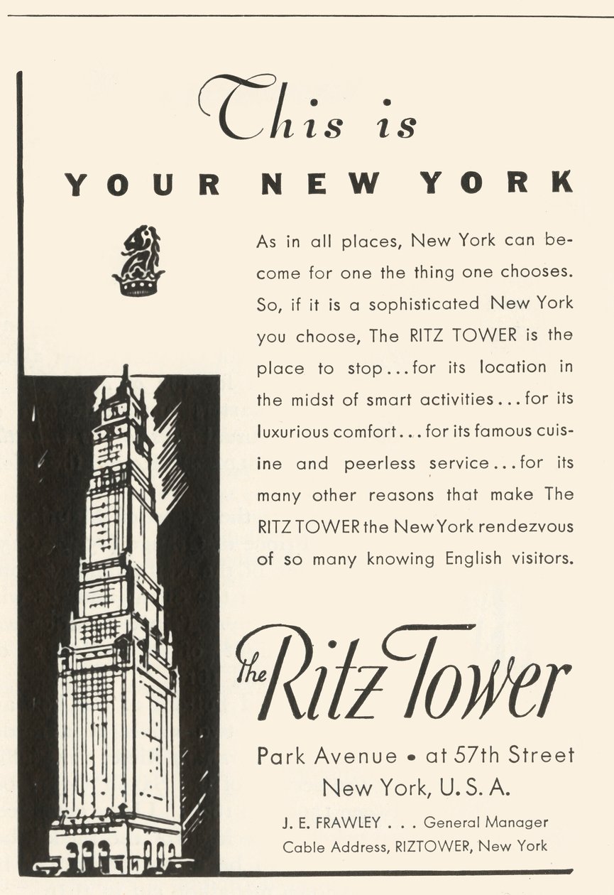Mainos Ritz Tower -hotellista New Yorkissa, 1934. tekijältä Unbekannt