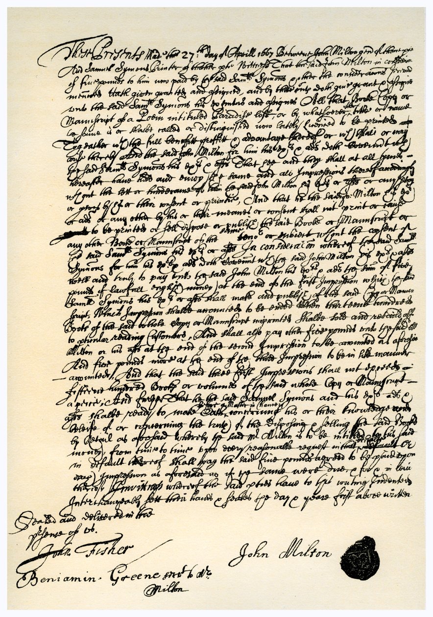 John Milltonin ja Samuel Symonsin välinen sopimus, 27. huhtikuuta 1667 tekijältä Unbekannt