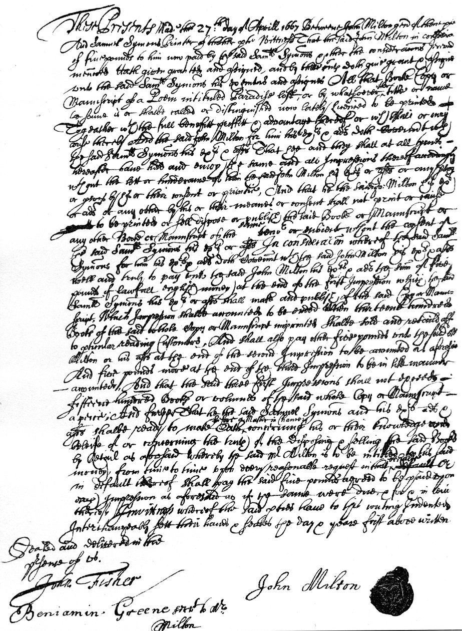 John Miltonin ja kirjapaino Samuel Symonsin välinen sopimus 