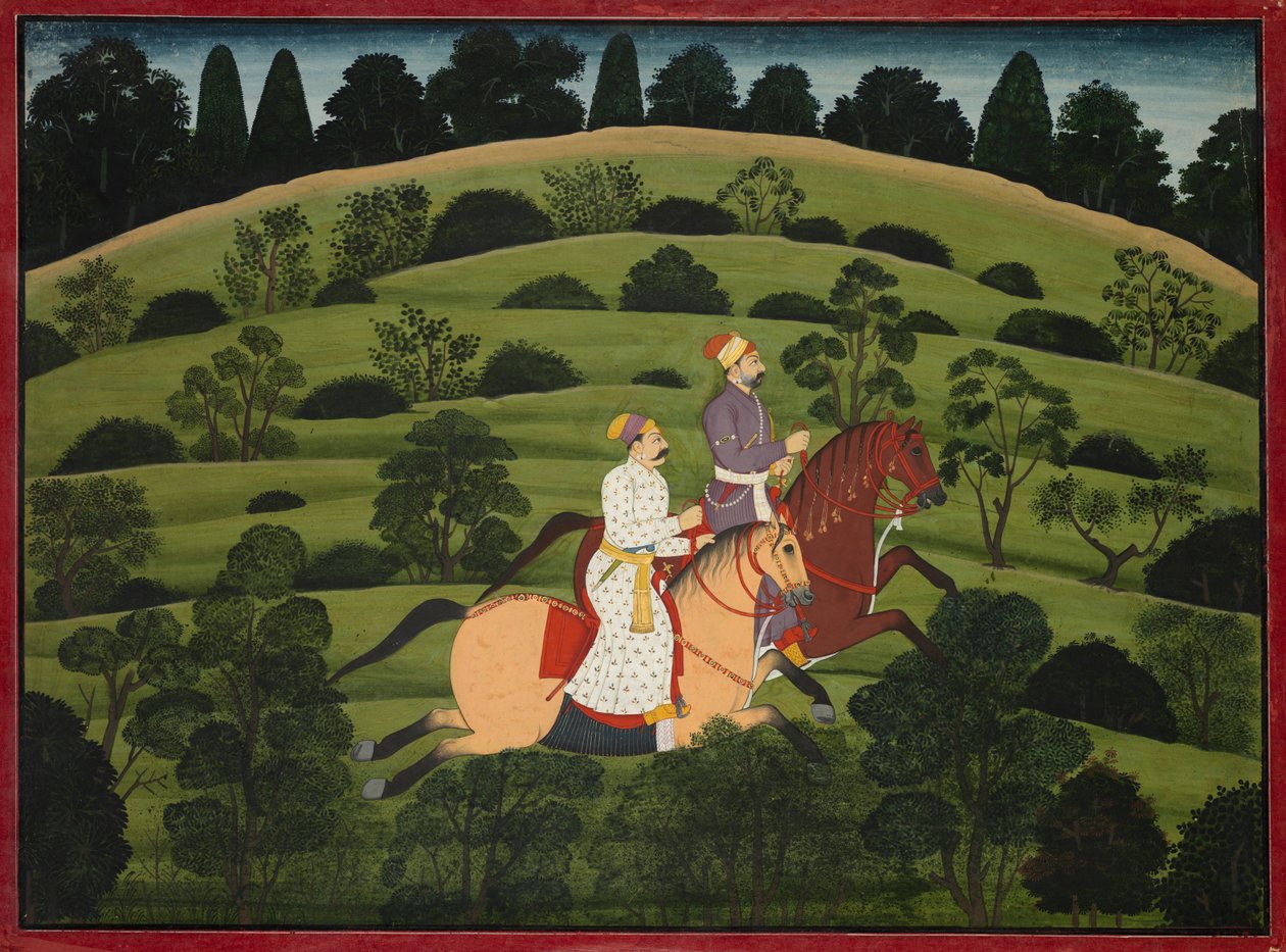 Akrura Rides Toward Dwarka, sivu suurelta Basohli Bhagavata Puranalta, n. 1760-1765. tekijältä Unbekannt