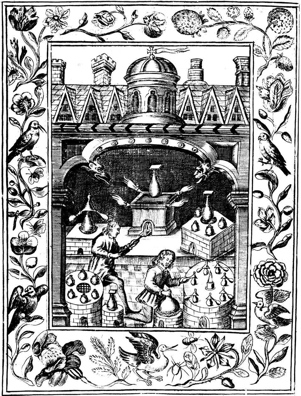 Alkemiallinen laboratorio, joka esittelee erilaisia uunien ja astioiden muotoja, 1652 tekijältä Unbekannt