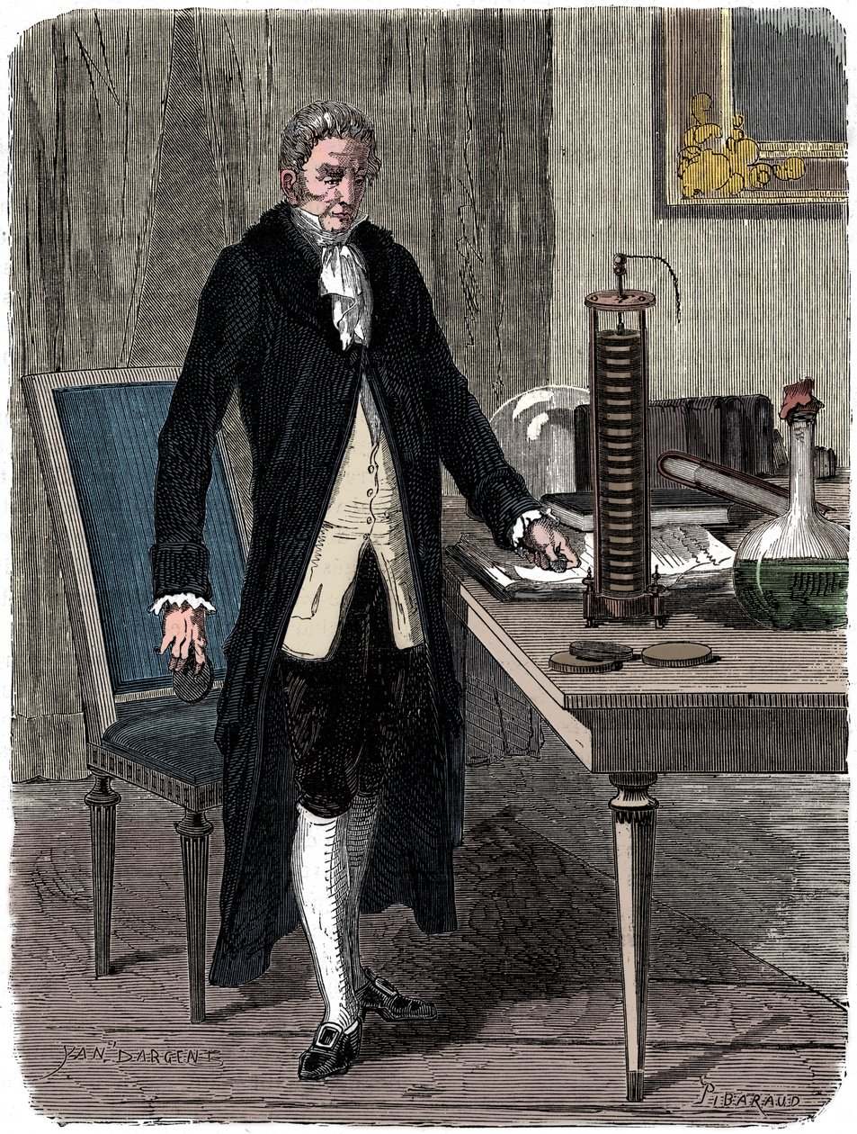 Alessandro Volta, italialainen fyysikko, esittelee sähköpaaluakkuaan, c1800 c1870 tekijältä Unbekannt
