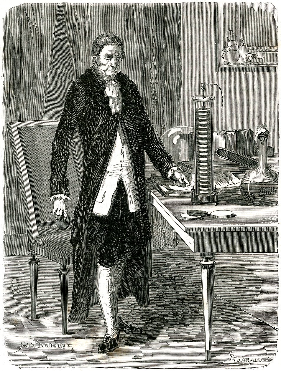 Alessandro Volta, italialainen fyysikko, esittelee sähköpaalakkuaan, c1800 c1870 tekijältä Unbekannt
