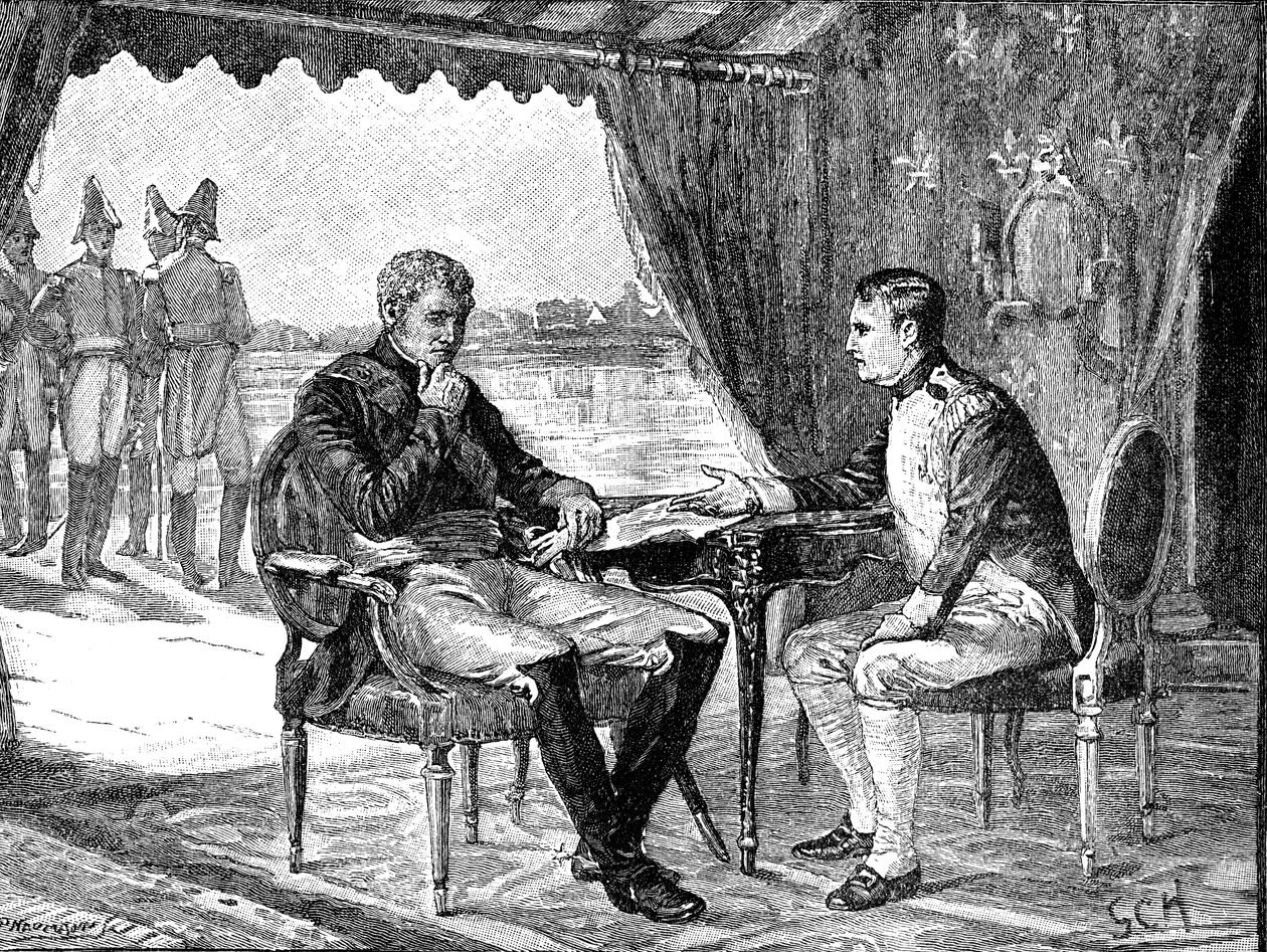 Aleksanteri I Venäjä ja Napoleon I Bonaparte Ranskalainen Tilsitissä, 1807 c1880 tekijältä Unbekannt