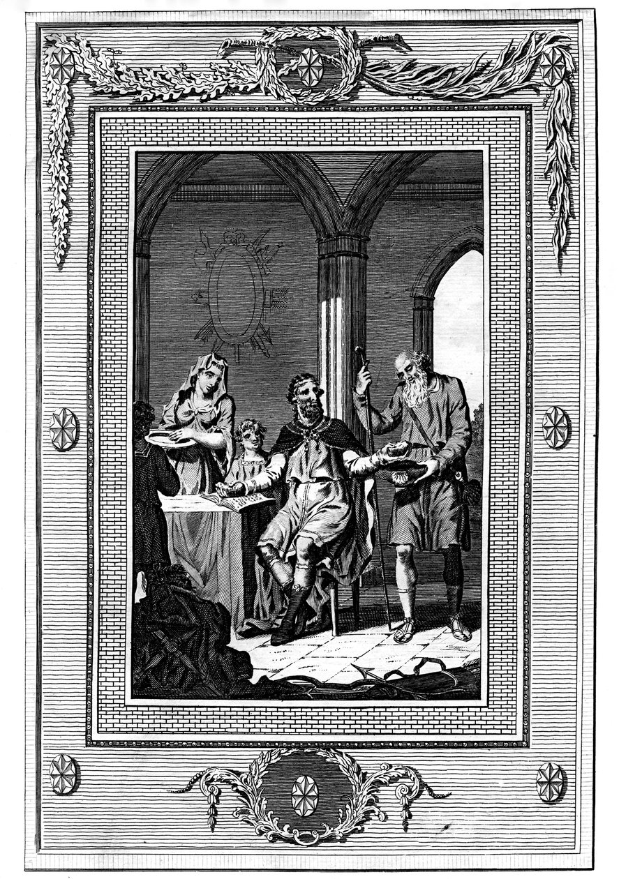 Alfred Suuri jakamassa leipäänsä köyhälle pyhiinvaeltajalle, 800-luku, 1772 tekijältä Unbekannt