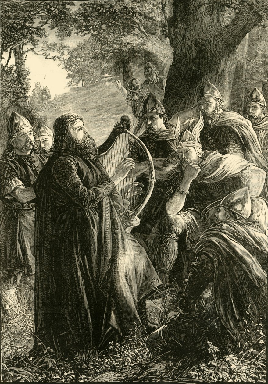Alfred Suuri, Harperiksi naamioitunut, Playing Before Guthrum, 878, 1890. tekijältä Unbekannt