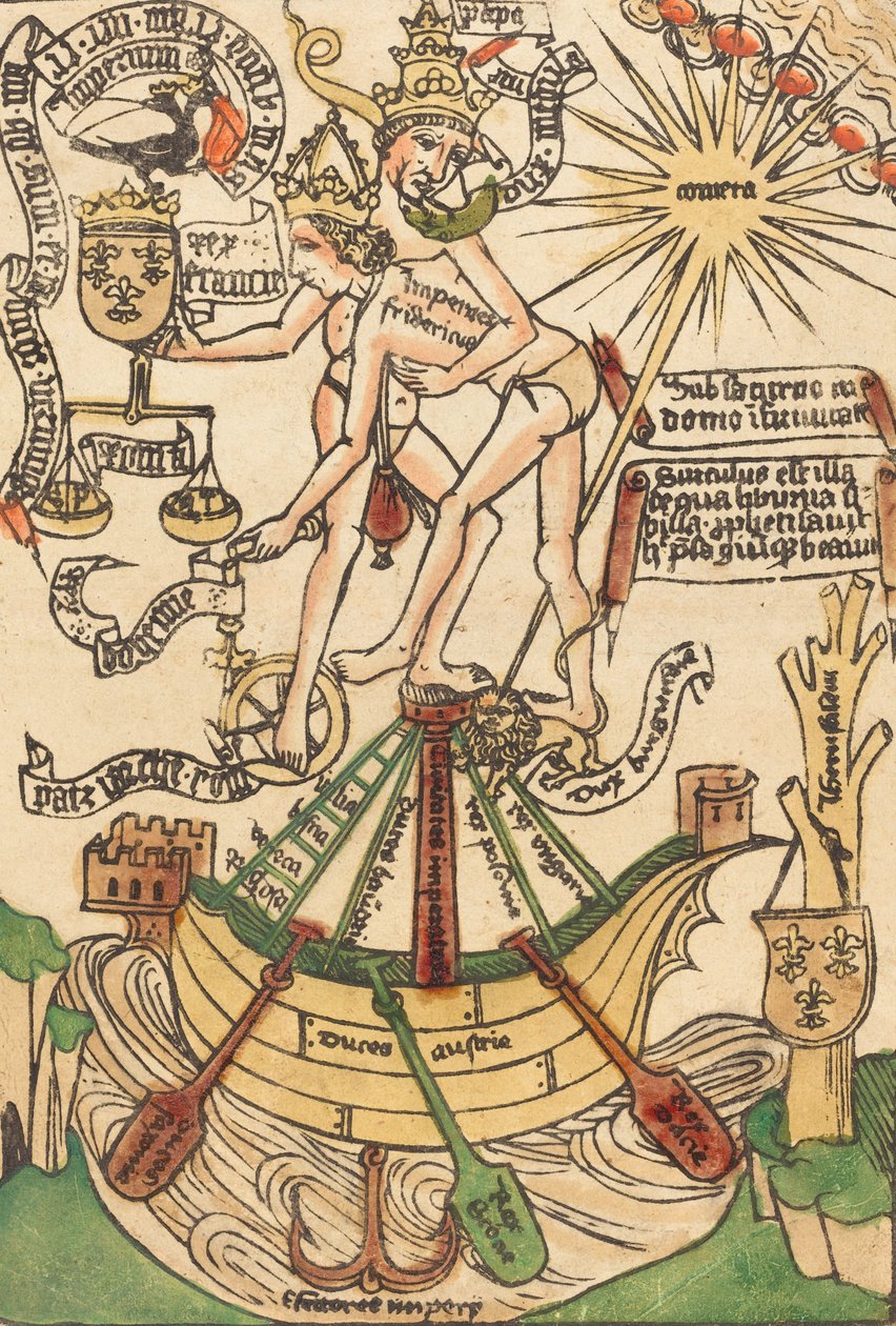 Allegoria paavi Paavali II:n ja keisari Fredrik III:n tapaamisesta, n. 1470. tekijältä Unbekannt