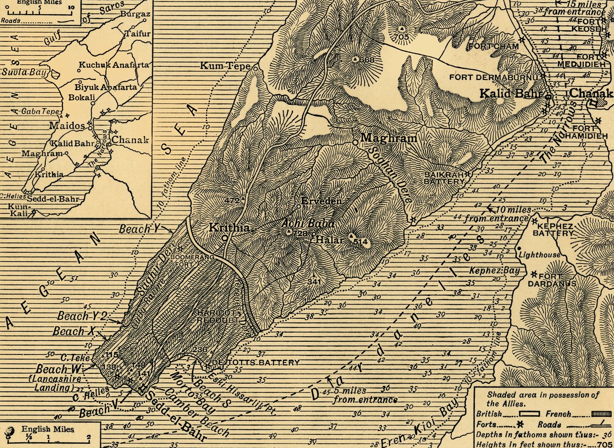 Liittoutuneiden asemat Gallipolin niemimaalla Turkissa, ensimmäinen maailmansota, heinäkuu 1915, c1920. tekijältä Unbekannt
