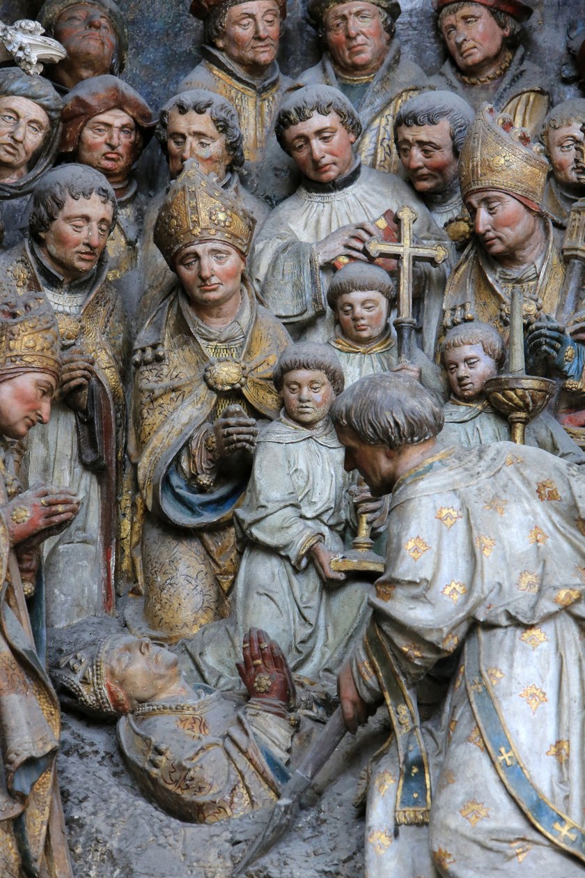 Amiens Käännös St. Firminin jäänteistä. Marttyyrin jäänteiden kaivaminen. Yksityiskohta St. Firminin historiasta, joka sijaitsee makaavan Adrien Henencourtin yläpuolella. Amiensin katedraali, Amiens, Ranska tekijältä Unbekannt
