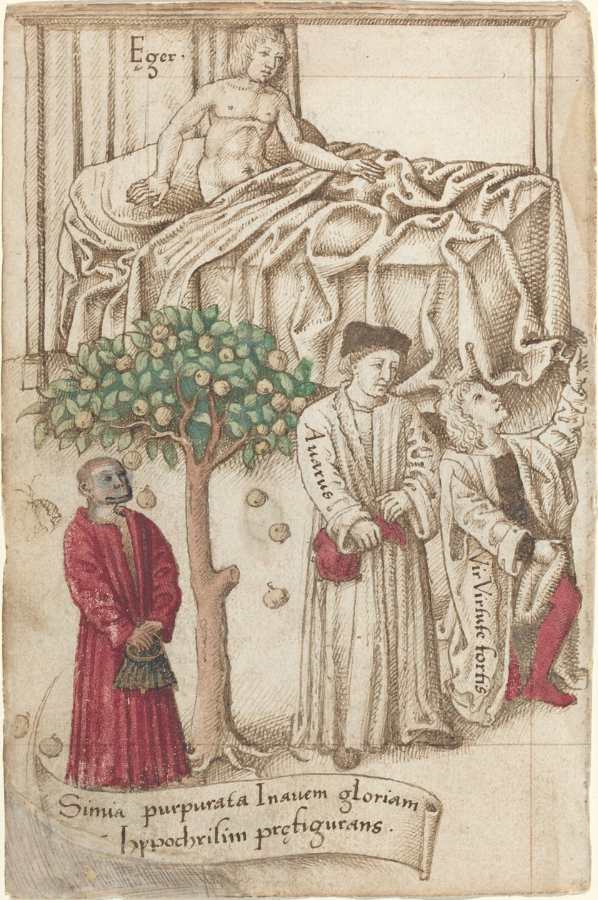 Apina purppurassa sairaan miehen, hyvän miehen ja kurjan kanssa [fol. 36 verso], c. 15121515. tekijältä Unbekannt
