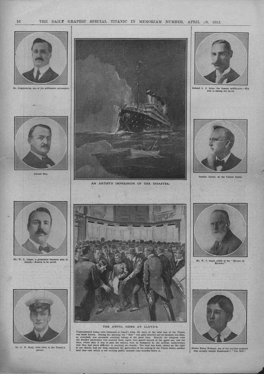 Taiteilijoiden näkemys katastrofista ja kauheat uutiset Lloydsissa, 20. huhtikuuta 1912. tekijältä Unbekannt