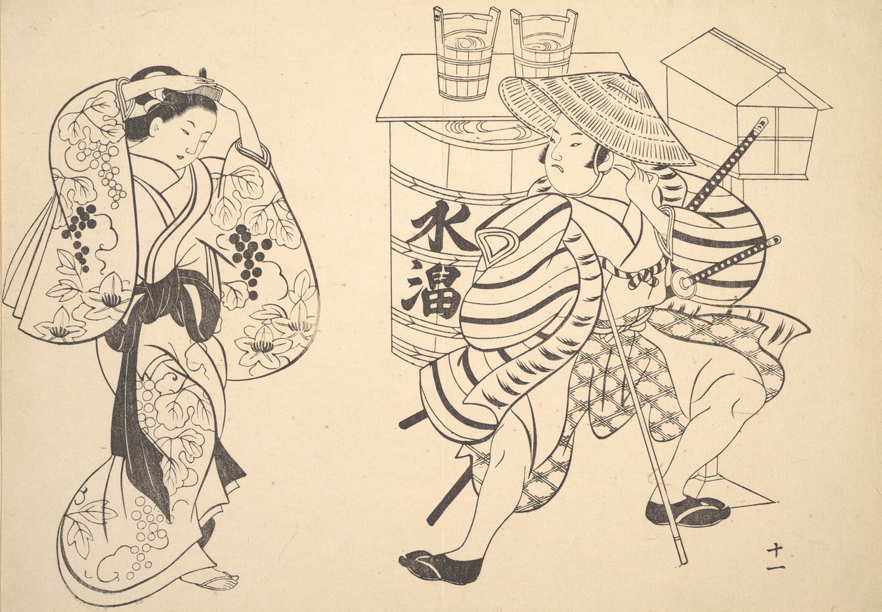 Oiran järjestelee hiuksiaan kadulla nuoren samurain katsoessa. tekijältä Unbekannt