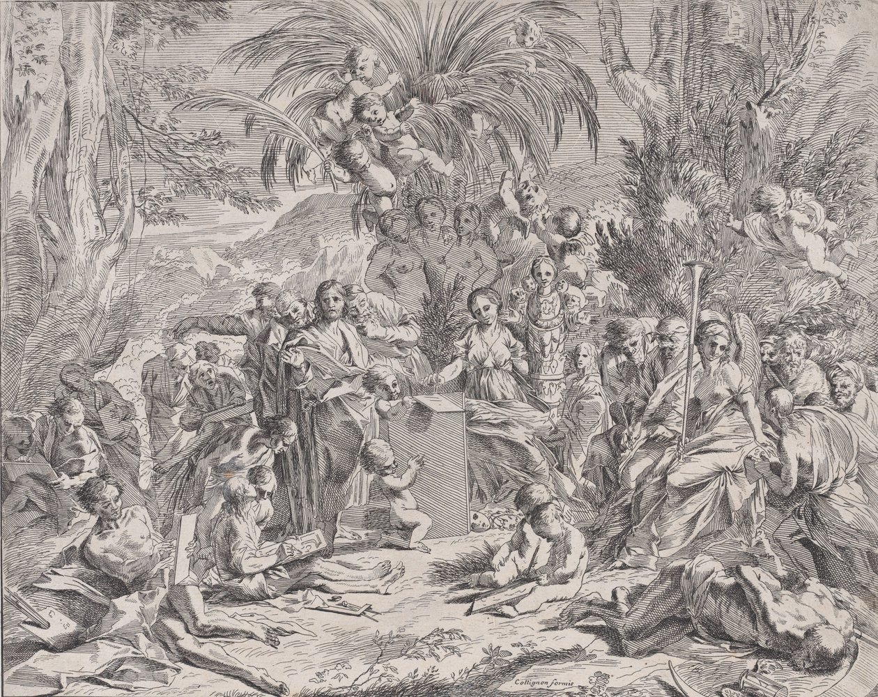 Allegoria maalauksesta, joka lapsena keskellä vasemmalla piirtää taululle, surrou..., 1650-1700. tekijältä Unbekannt