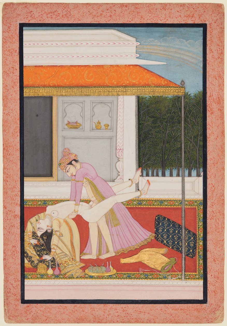 Rakastunut pariskunta, luultavasti Raja Mahendra Pal Basohli r. 1806-1813 suosikin kanssa...c. 1810. tekijältä Unbekannt