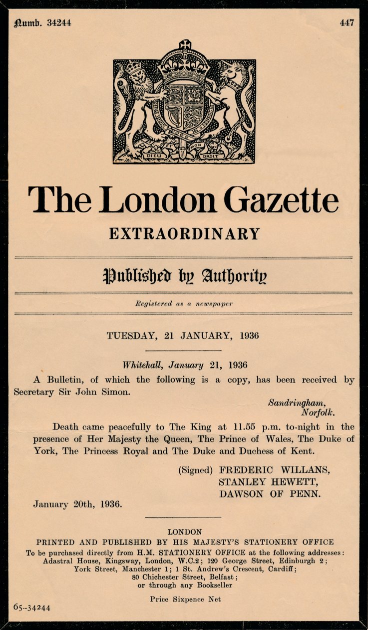 The London Gazetten poikkeuksellinen tiedote, jossa kerrotaan kuningas George V:n kuolemasta 1865-1936 tekijältä Unbekannt
