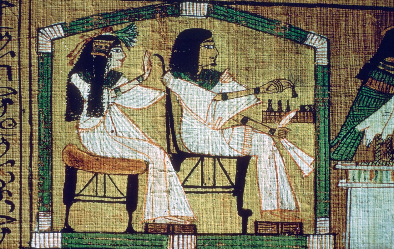 Kuva egyptiläisessä papyruksessa, jossa leikitään luonnoksia, Ani