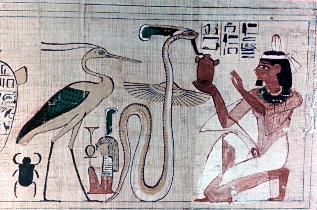 Muinainen egyptiläinen kuoleman papyrus polvistumassa käärmeen edessä tekijältä Unbekannt