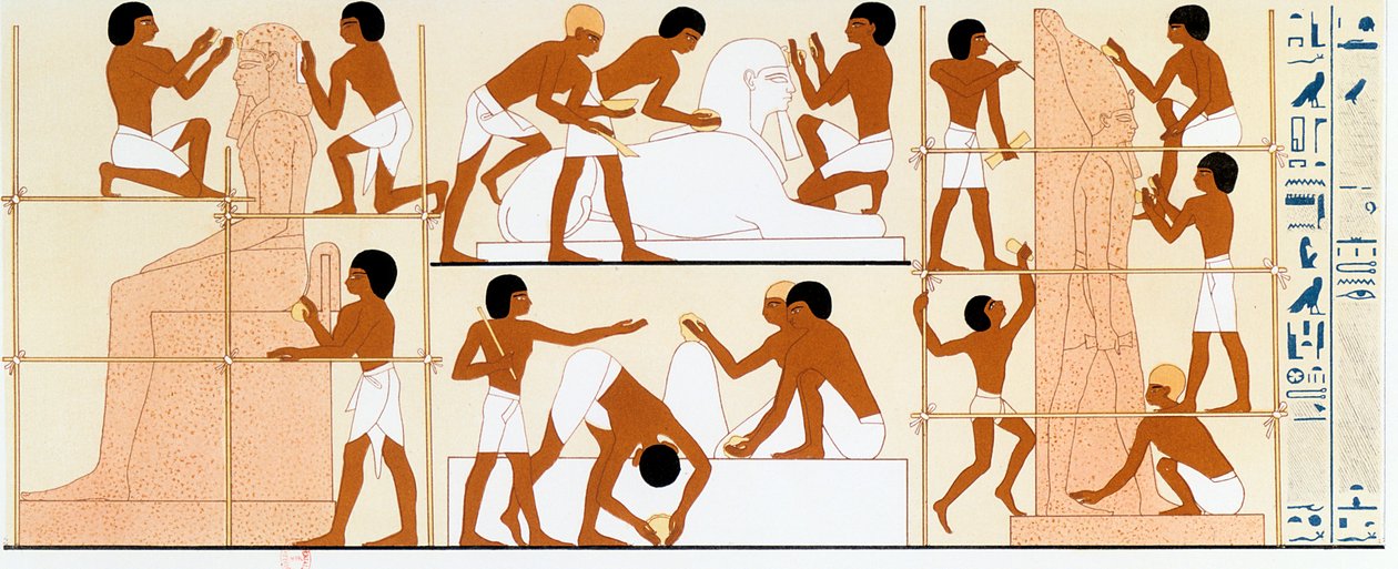 Muinaiset egyptiläiset kuvanveistäjät, jotka työskentelevät patsaiden parissa, c1842-1845 tekijältä Unbekannt